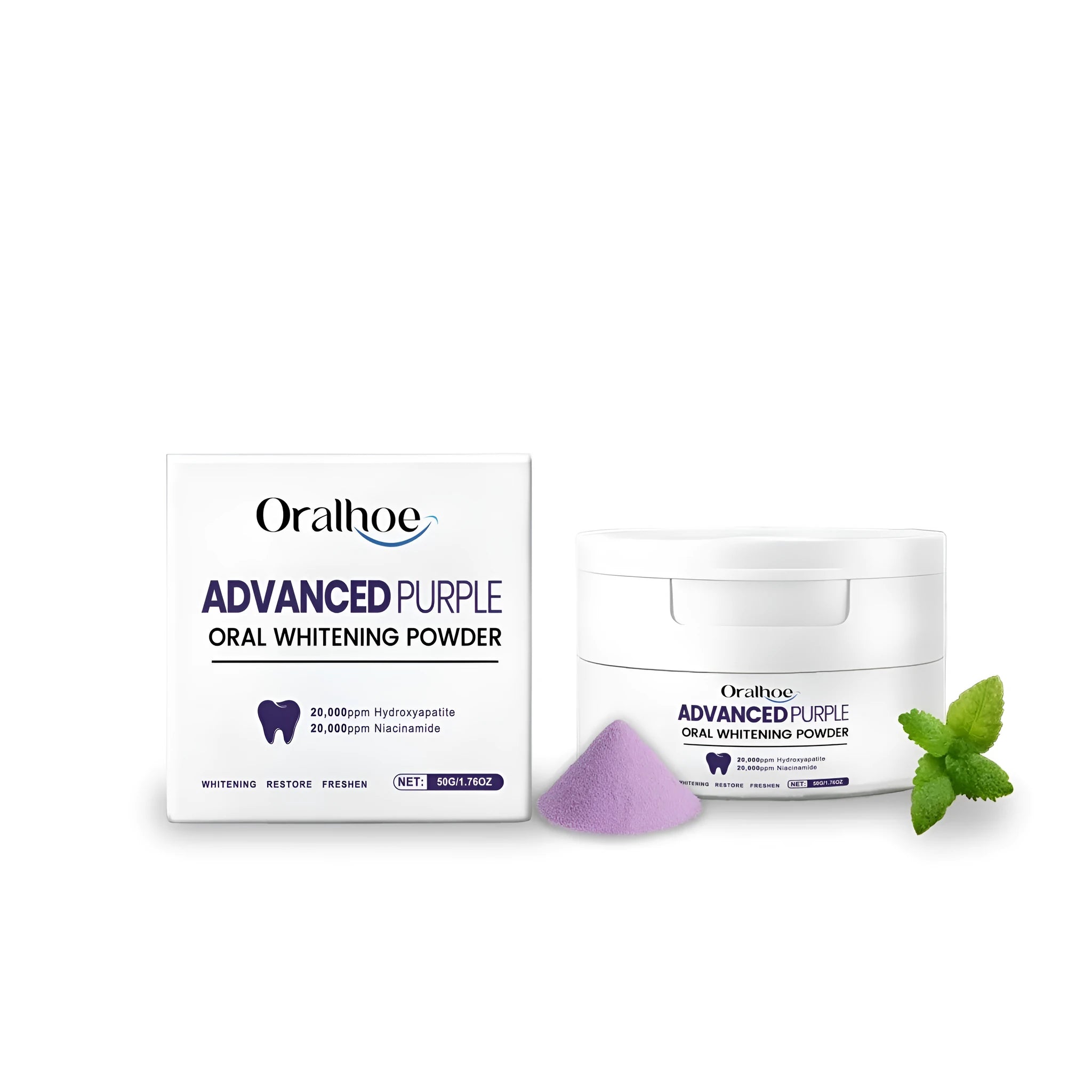 50g container of hydroxyapatite and lavender tooth powder with sodium bicarbonate and mint.