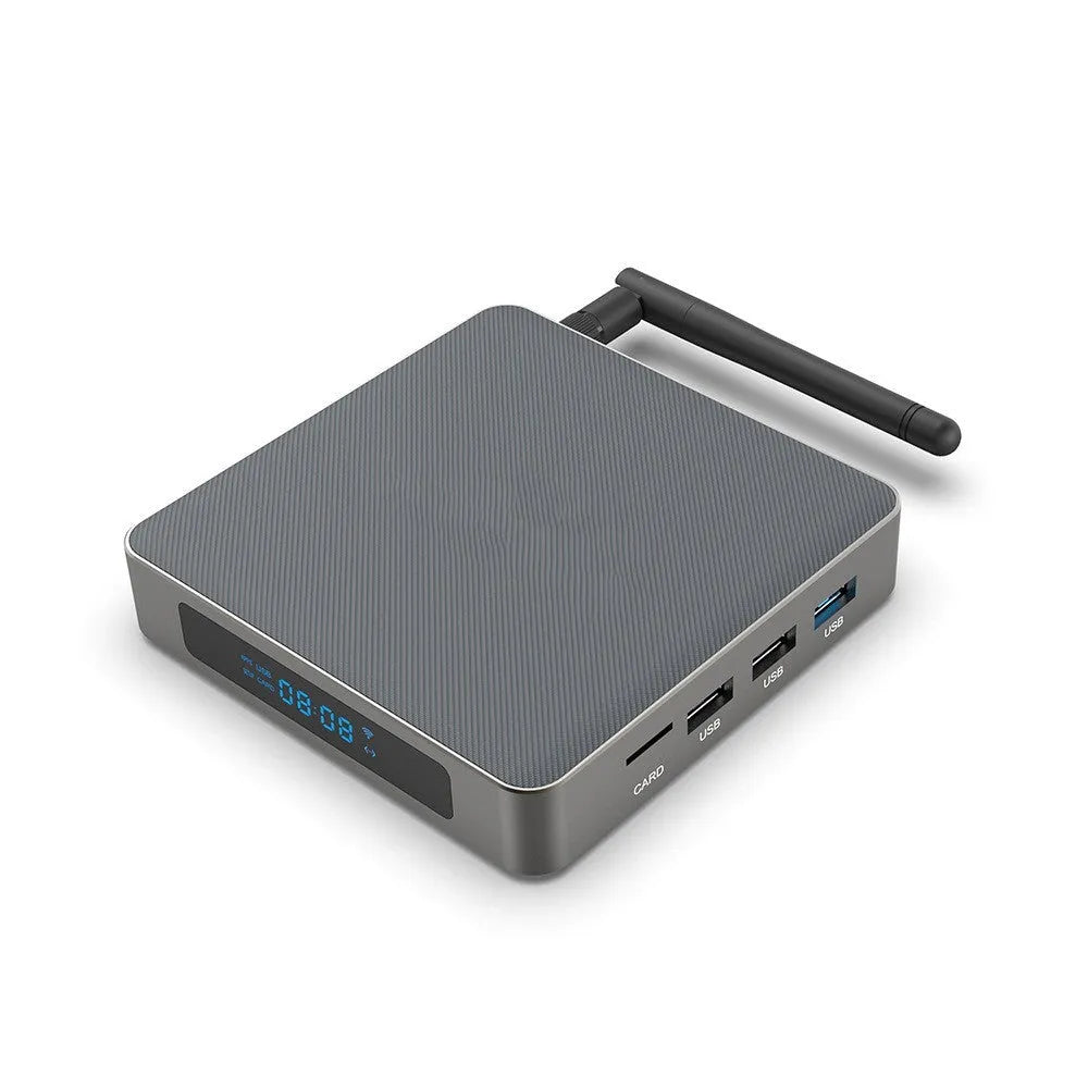 Android set-top box with 8K output showing front panel and connectivity ports