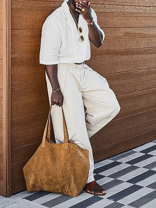 Men's casual pleated wide-leg pants in plain polyester, regular fit, full-length, sizes XS-2XL
