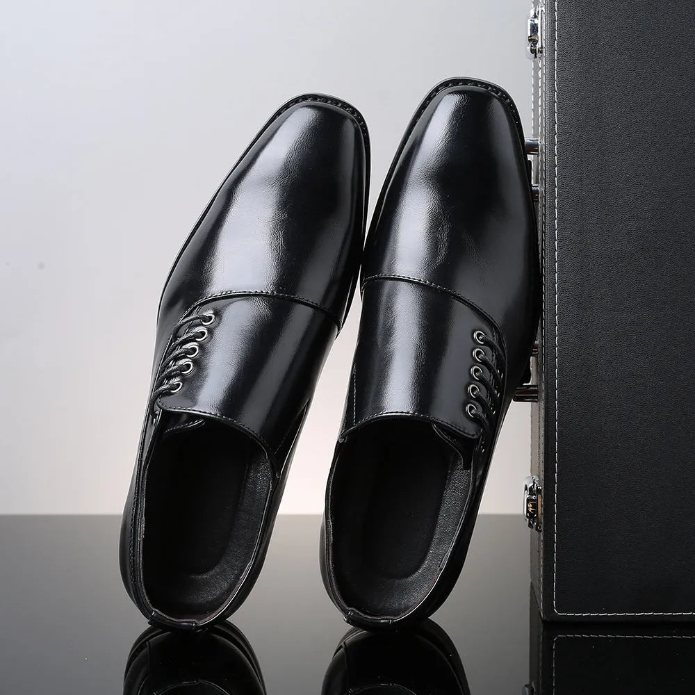 Japanese square toe large size men's lace-up shoes in black with leather stitching and rubber sole