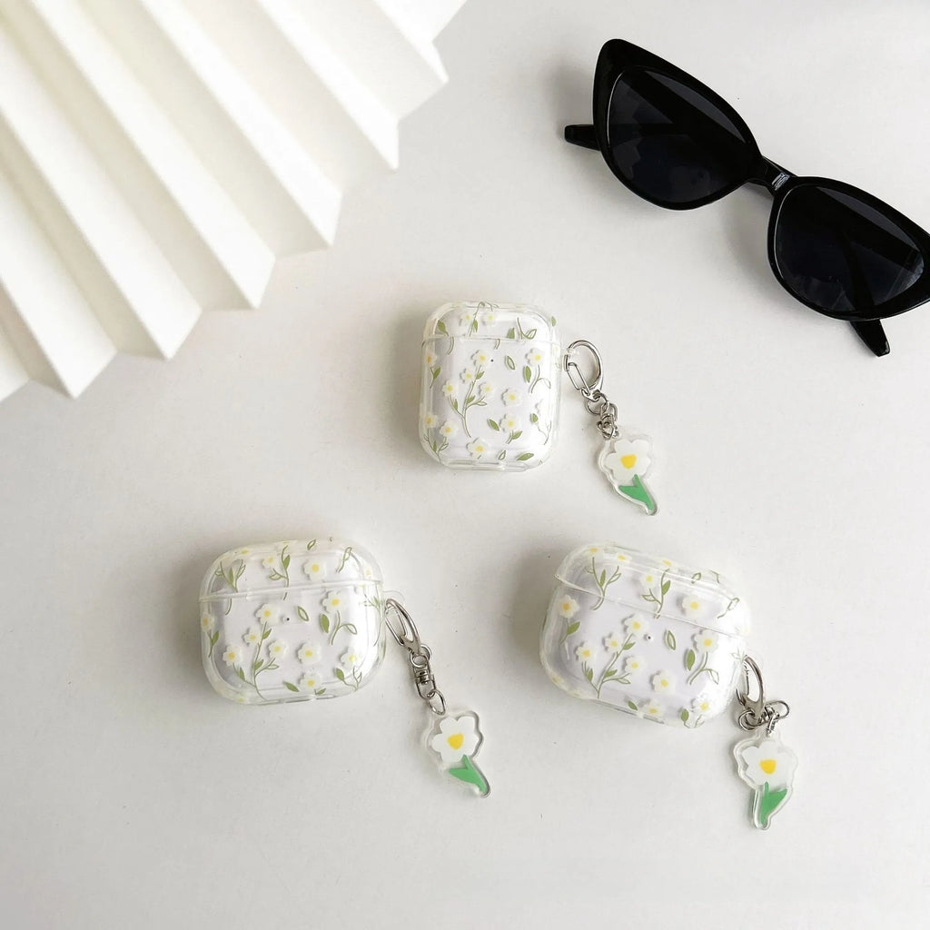 White transparent floral TPU protective cover for Apple AirPods showing decorative elements