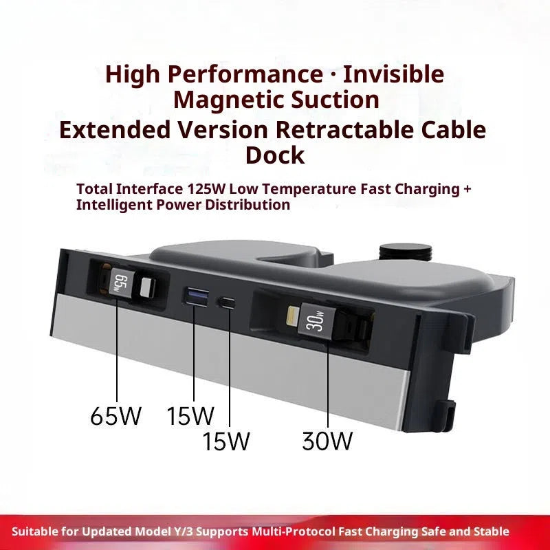 Model 3Y slide-out expansion dock with retractable USB cable for in-car central control charging