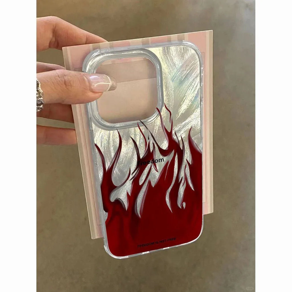Blue and red flame design on a black silicone iPhone case showing full edge coverage.