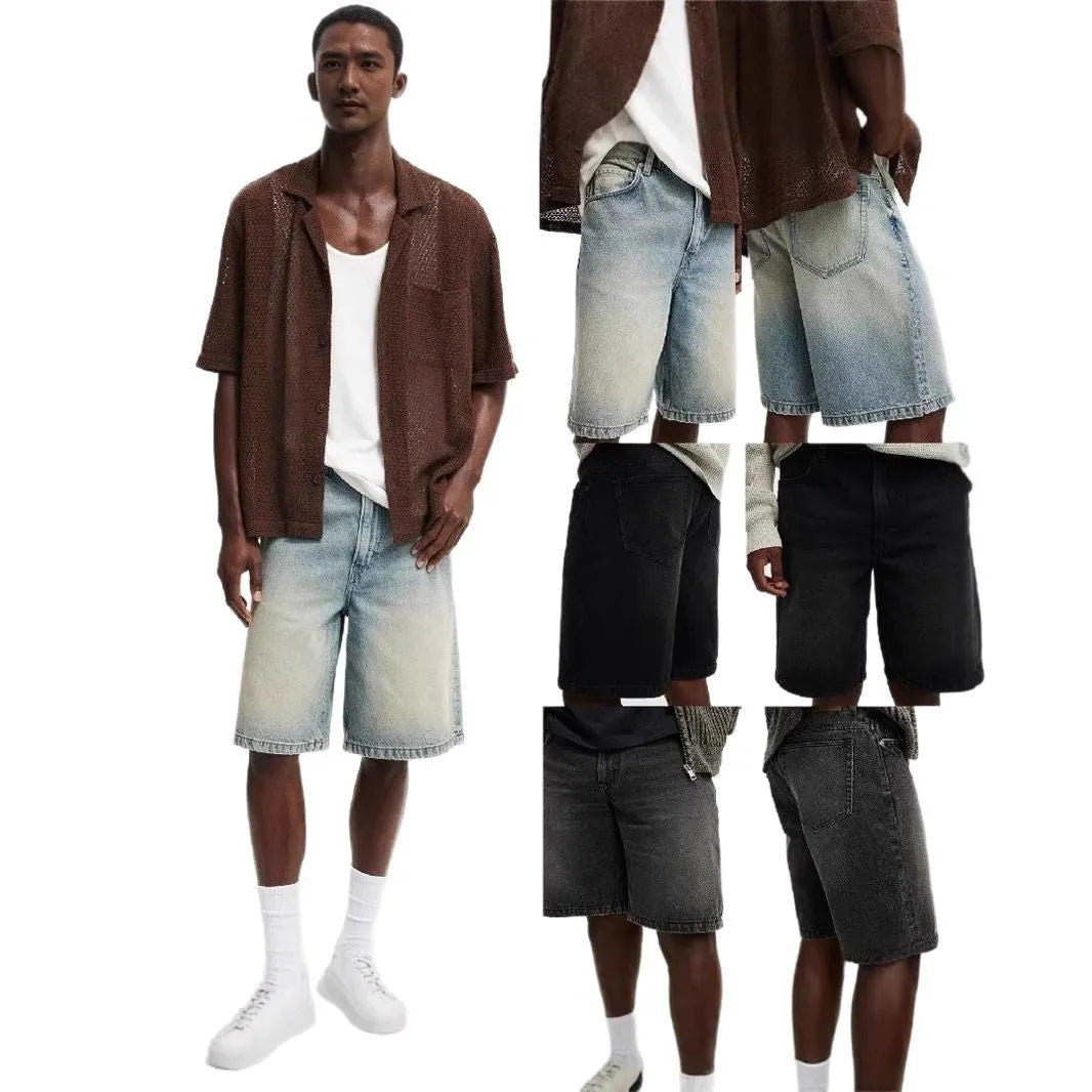 Men's light blue straight leg jeans with loose fit cotton denim construction