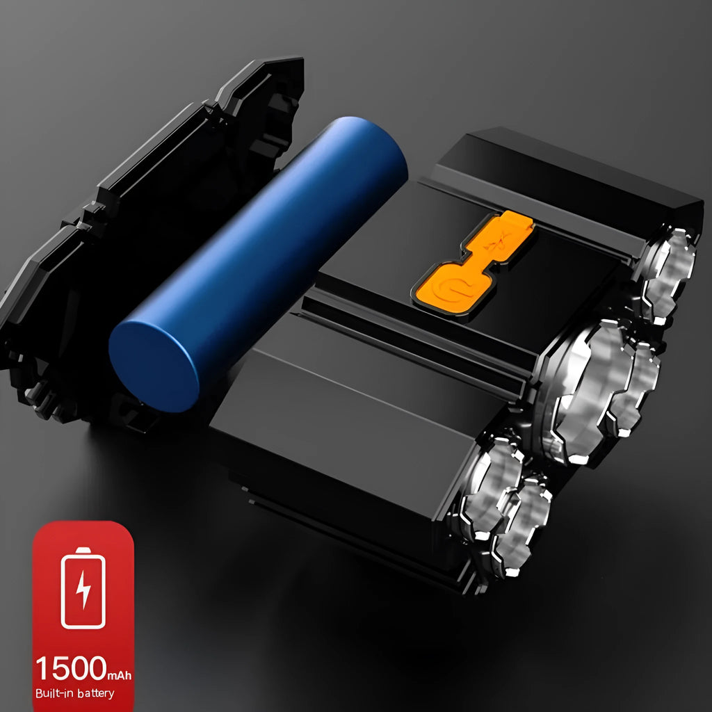Black PVC head-mounted LED miner's lamp with adjustable strap and 10W long-range beam.