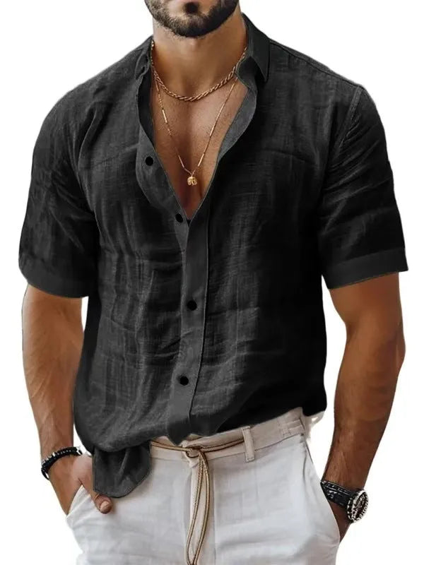 Men's short sleeve lapel shirt in cotton-linen blend with cardigan style open front