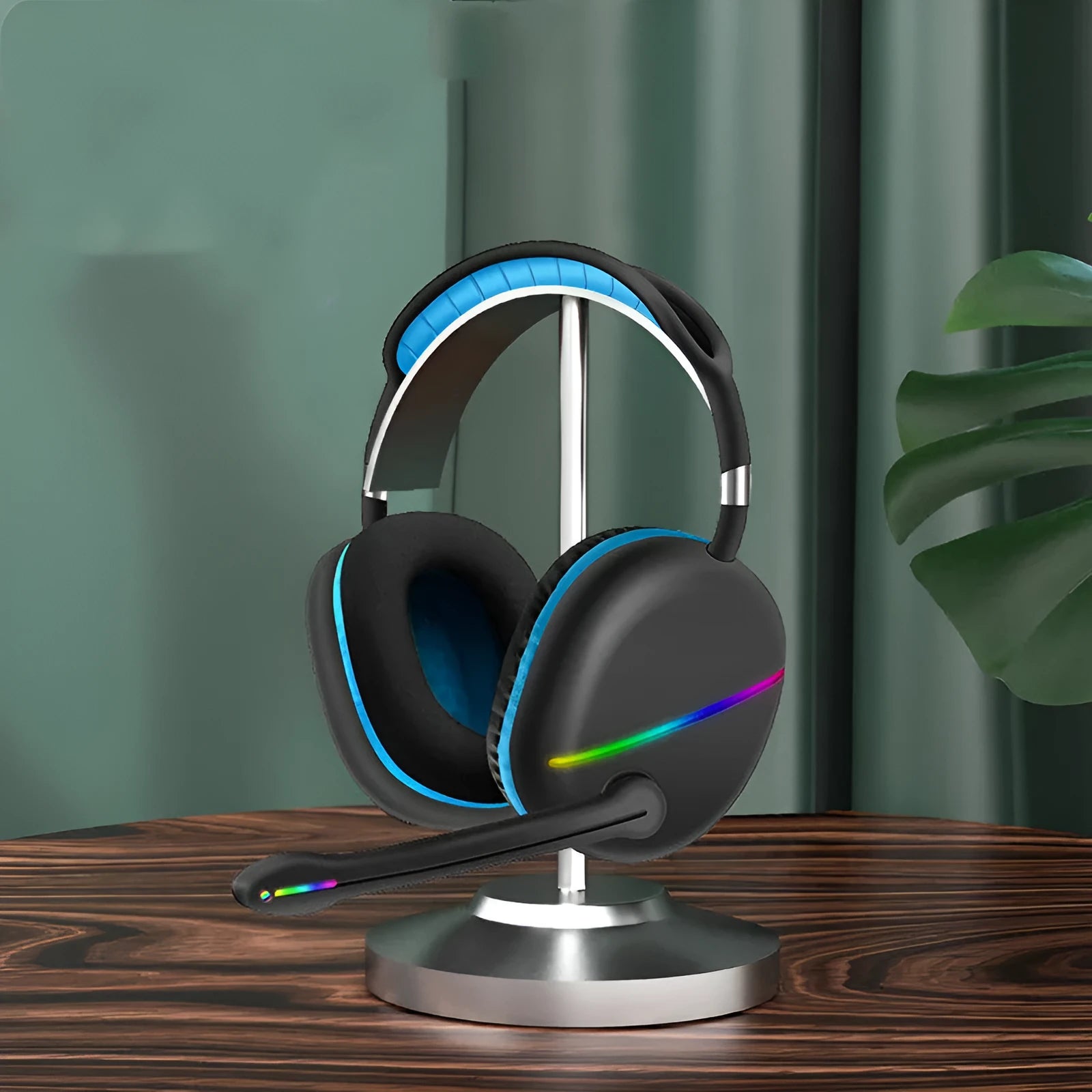 Wireless Bluetooth headset with RGB lighting effects in blue, pink, or red colours showing over-ear design