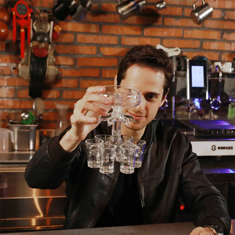 Six-shot glass dispenser holder with six glasses in transparent PMMA material