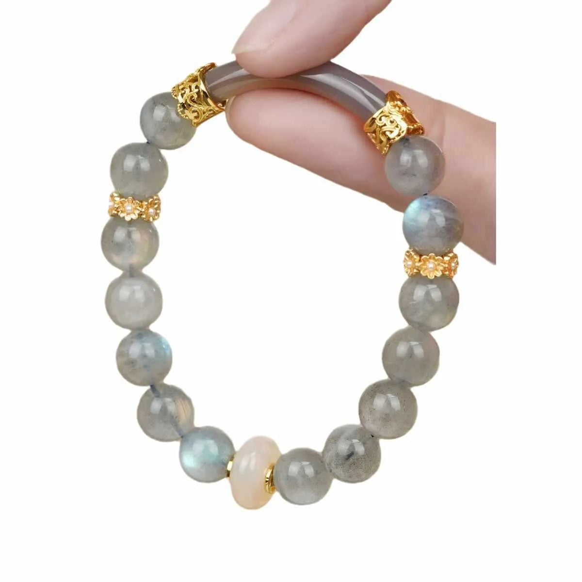 Grey moonstone bracelet for women with 8mm round beads in half-bracelet design