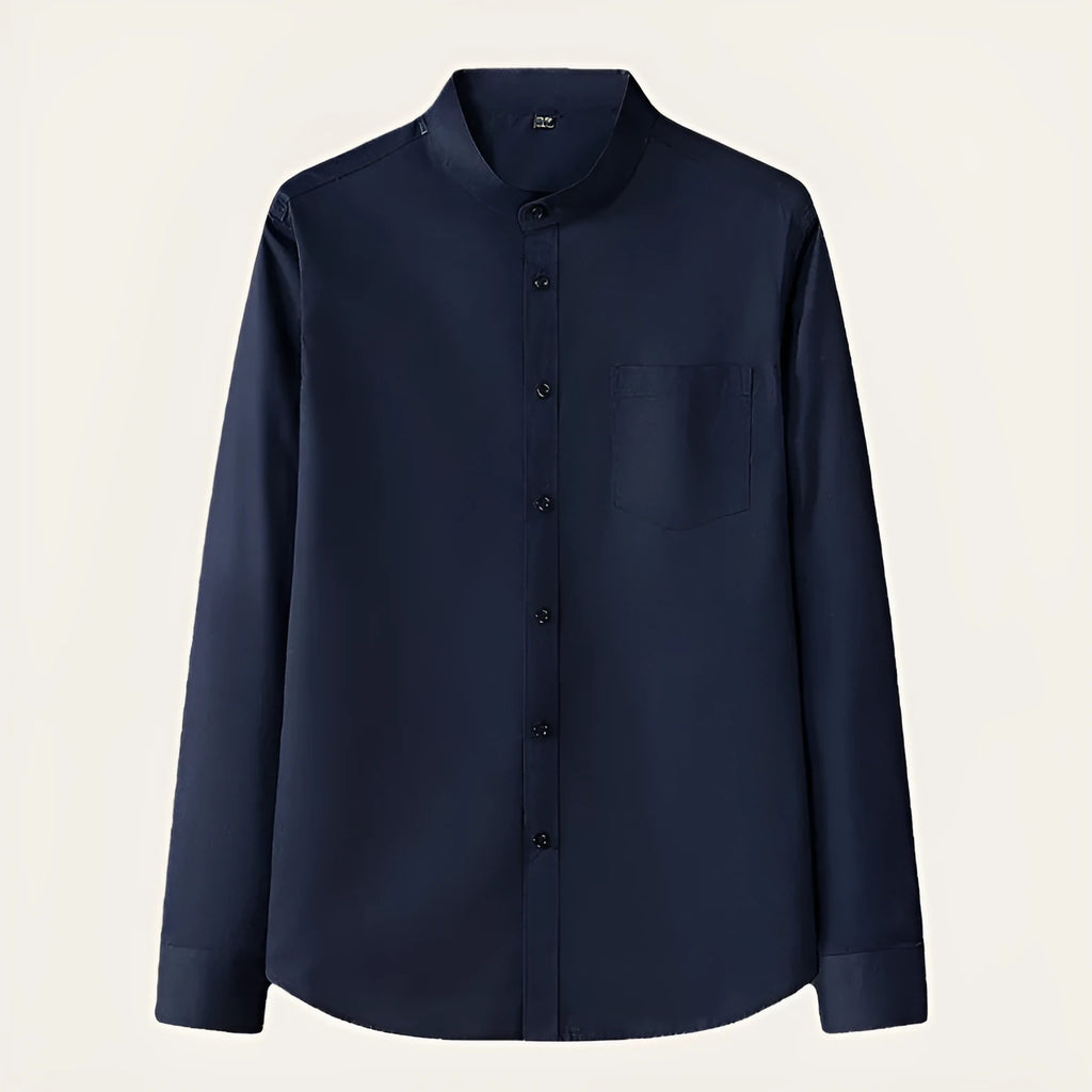 Men's stand collar long sleeve slim fit solid colour pocket shirt in black