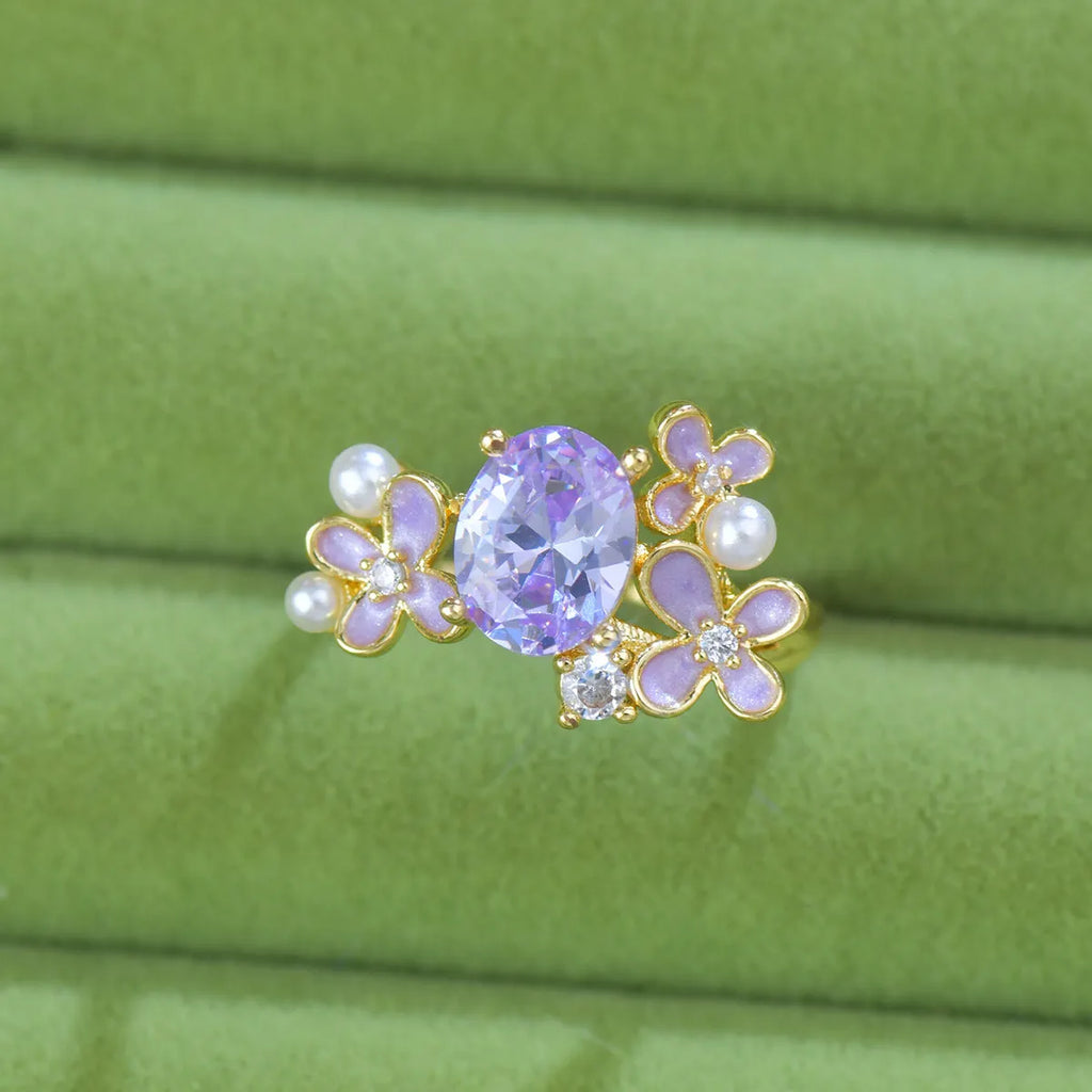 Women's flower pearl open ring with zircon stones in light purple colour