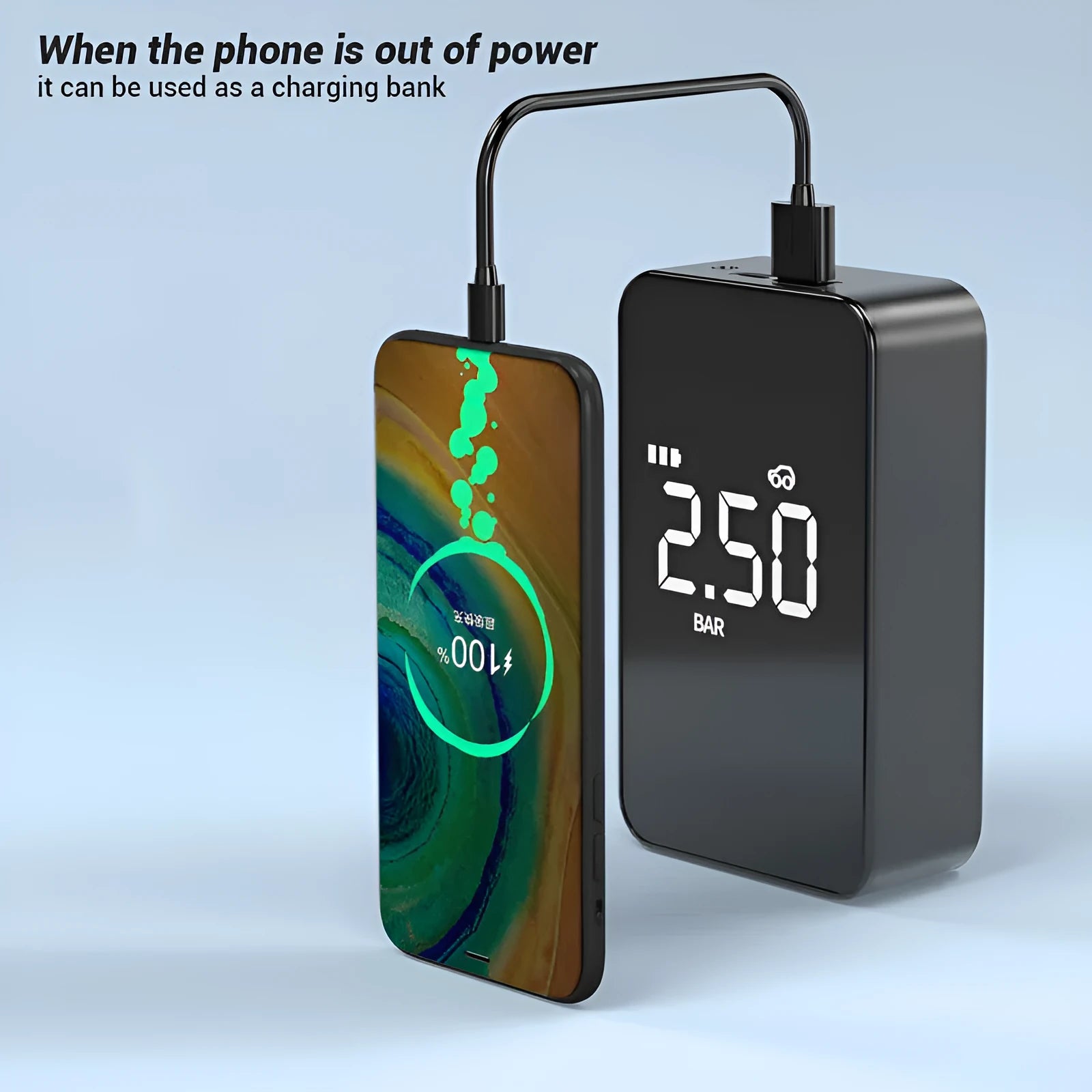 Wireless digital display air pump with large screen, four air nozzles, and a black ABS housing.