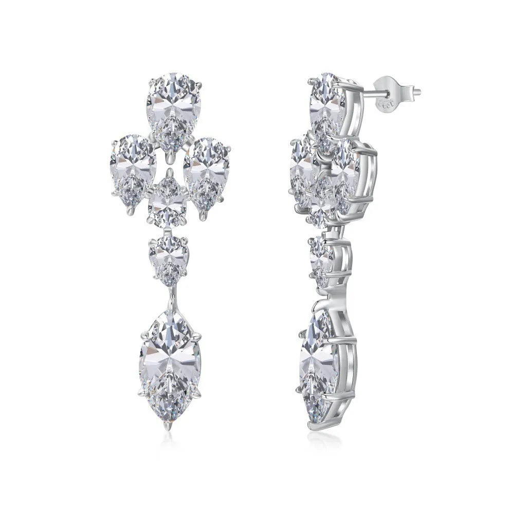 Pair of S925 sterling silver drop-shaped stud earrings with Platinum White Diamond electroplated finish on white background