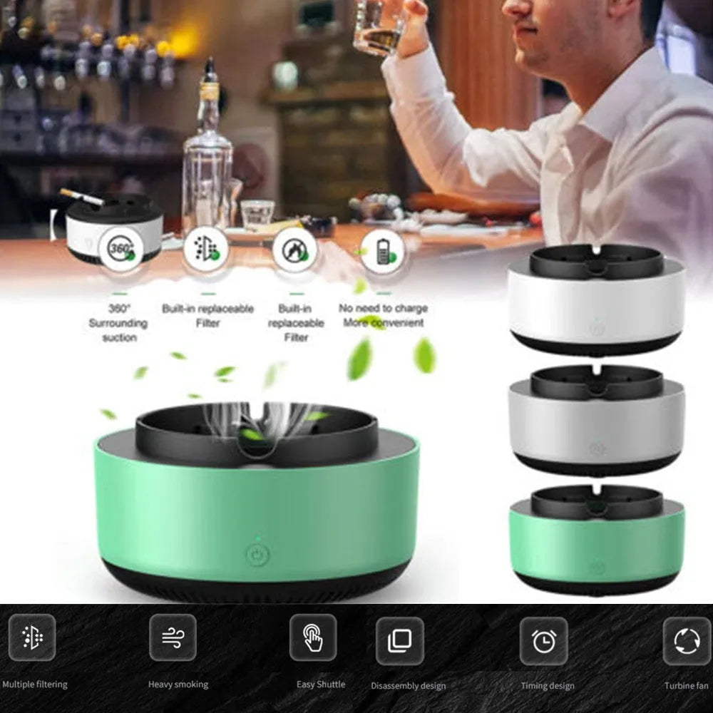 Smoke removal air purification ashtray with negative ion air purifier, portable battery powered, starry sky green colour