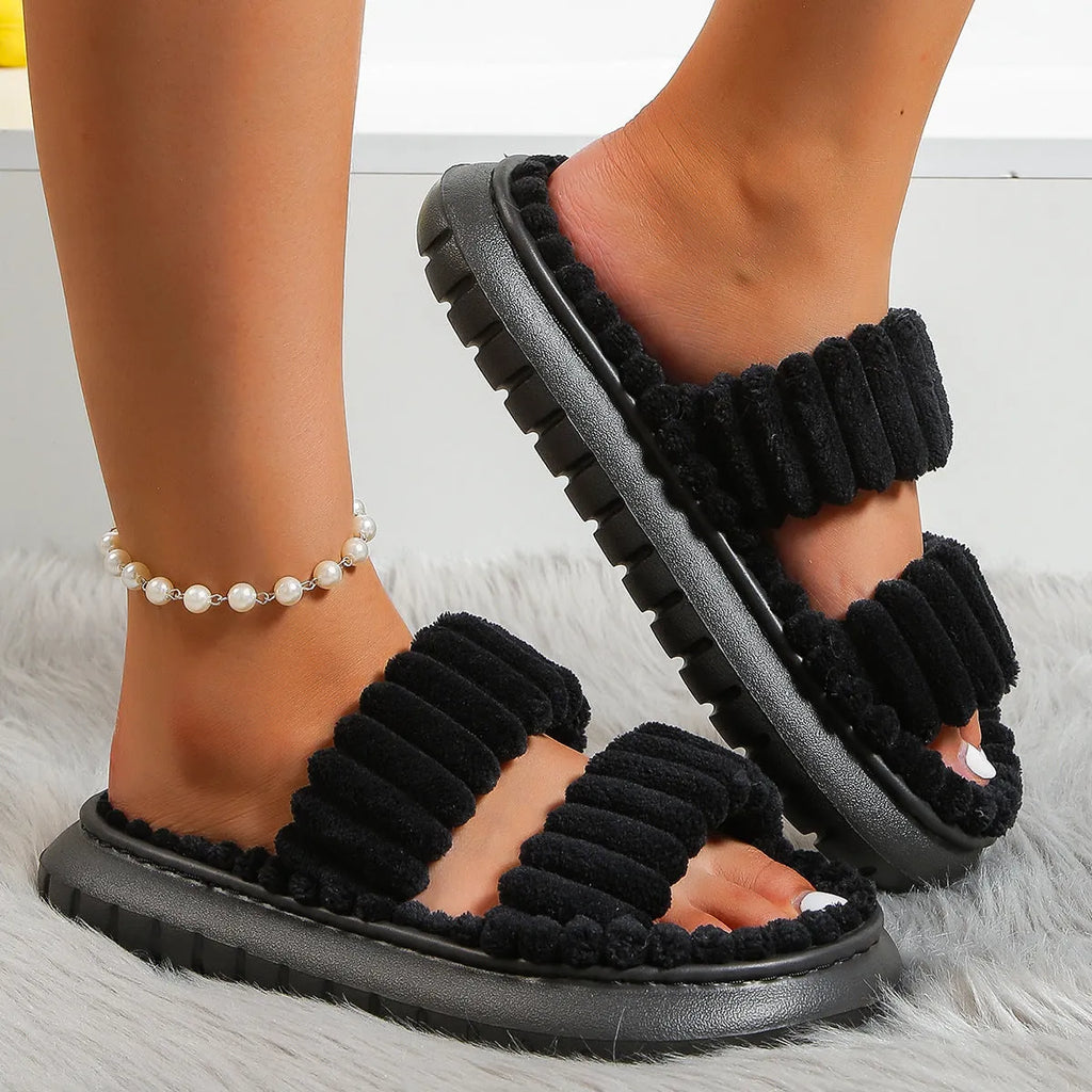 Women's cotton slippers with plush sheepskin suede upper, hollow out design, EVA sole, in black yellow pink white, sizes 36-43