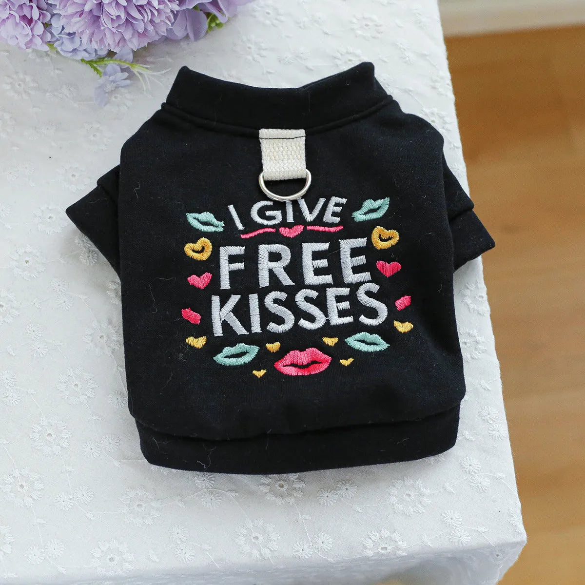 Dog wearing casual polyester pullover sweater with four-button front closure in Kiss sweater colour