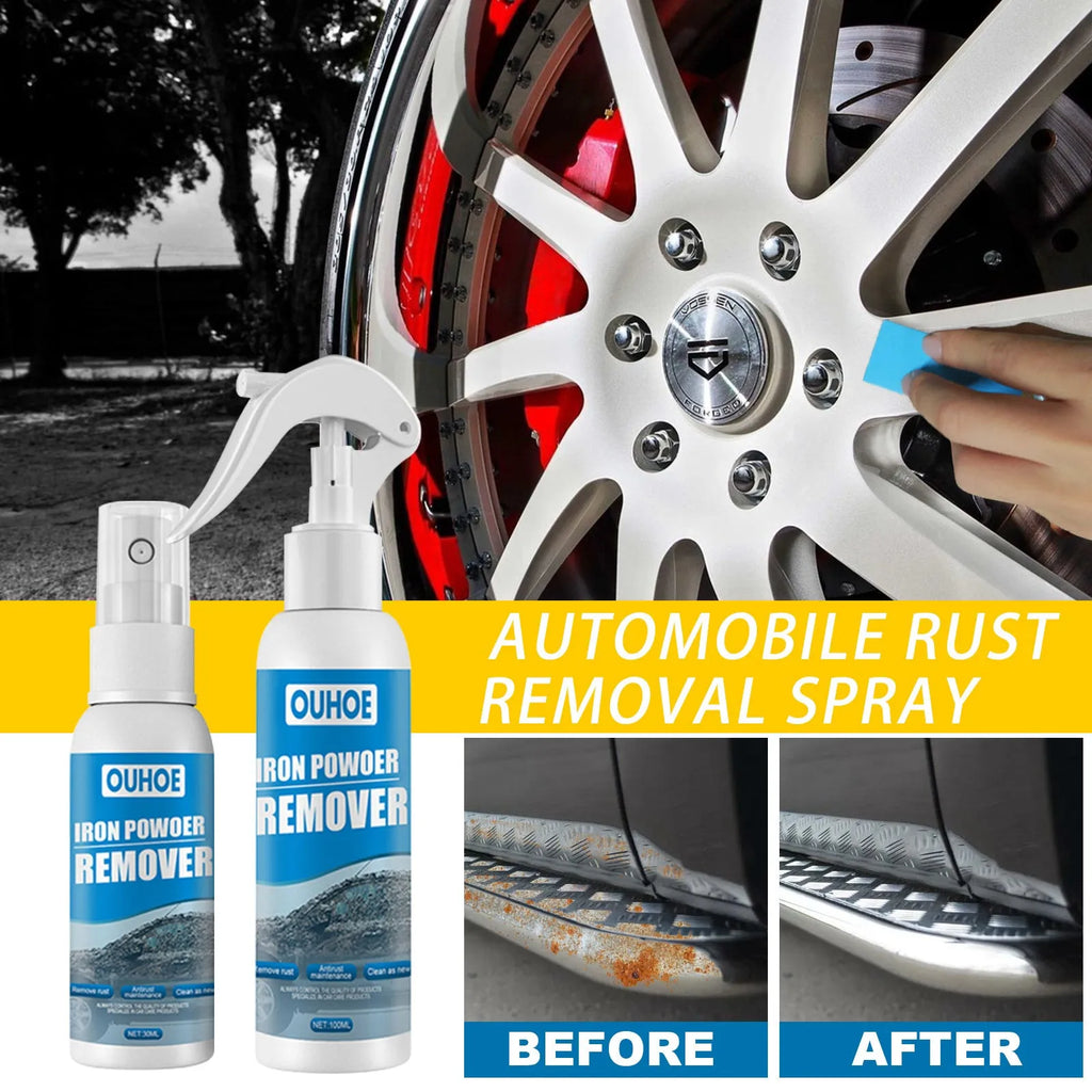 Automotive iron powder rust remover kit with two spray bottles, blue sponge and towel