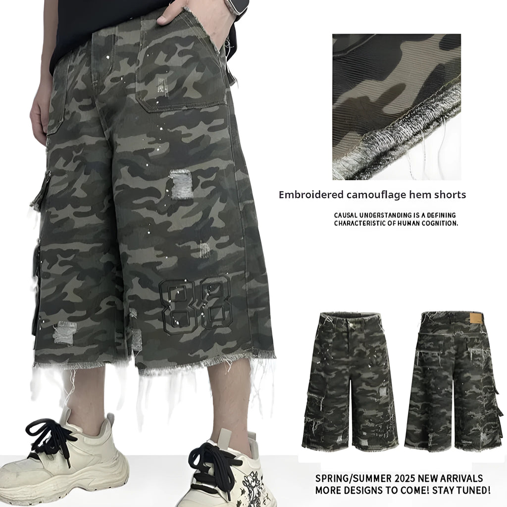 Camouflage casual shorts with wide leg, cotton main fabric, and summer shorts length in sizes S to 2XL