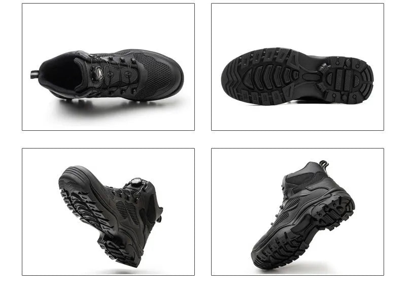 Black JK7926 high top steel toe labour insurance shoes with anti-skid rubber sole and button lacing closure