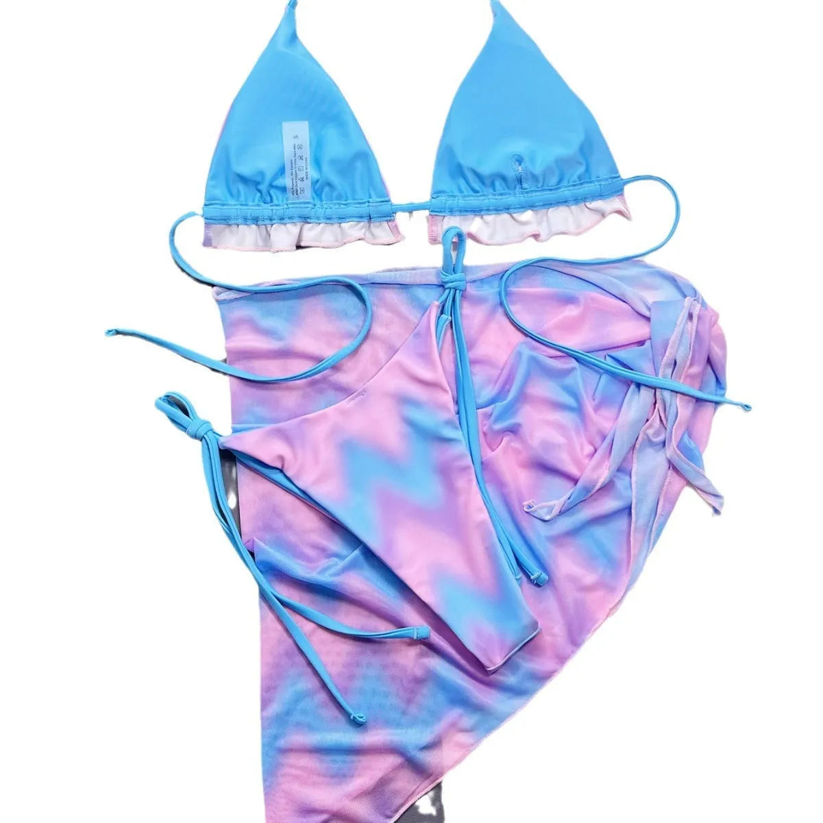 Women's tie-dye bikini swimsuit set with a skirt, bra, and matching briefs.