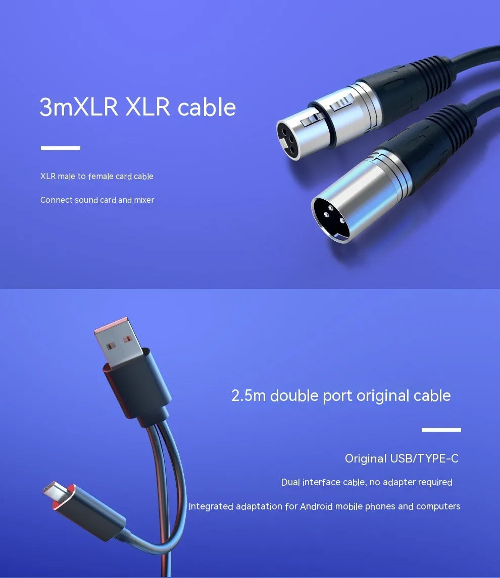 Dynamic noise reduction microphone in black, pink, or white with XLR cable and desk base.