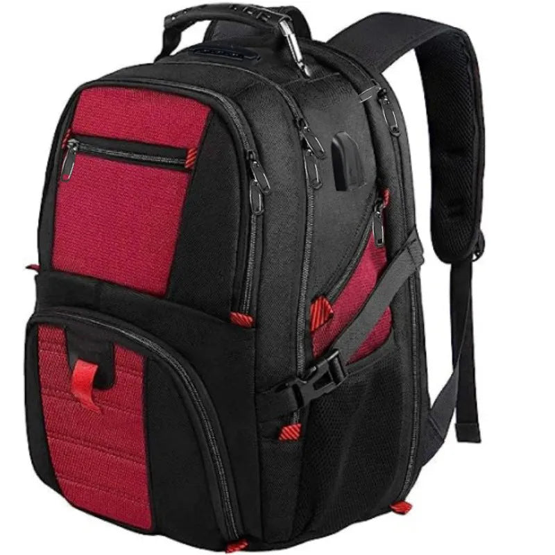 Large unisex USB backpack in black, red, or sky blue, made from waterproof Oxford cloth.