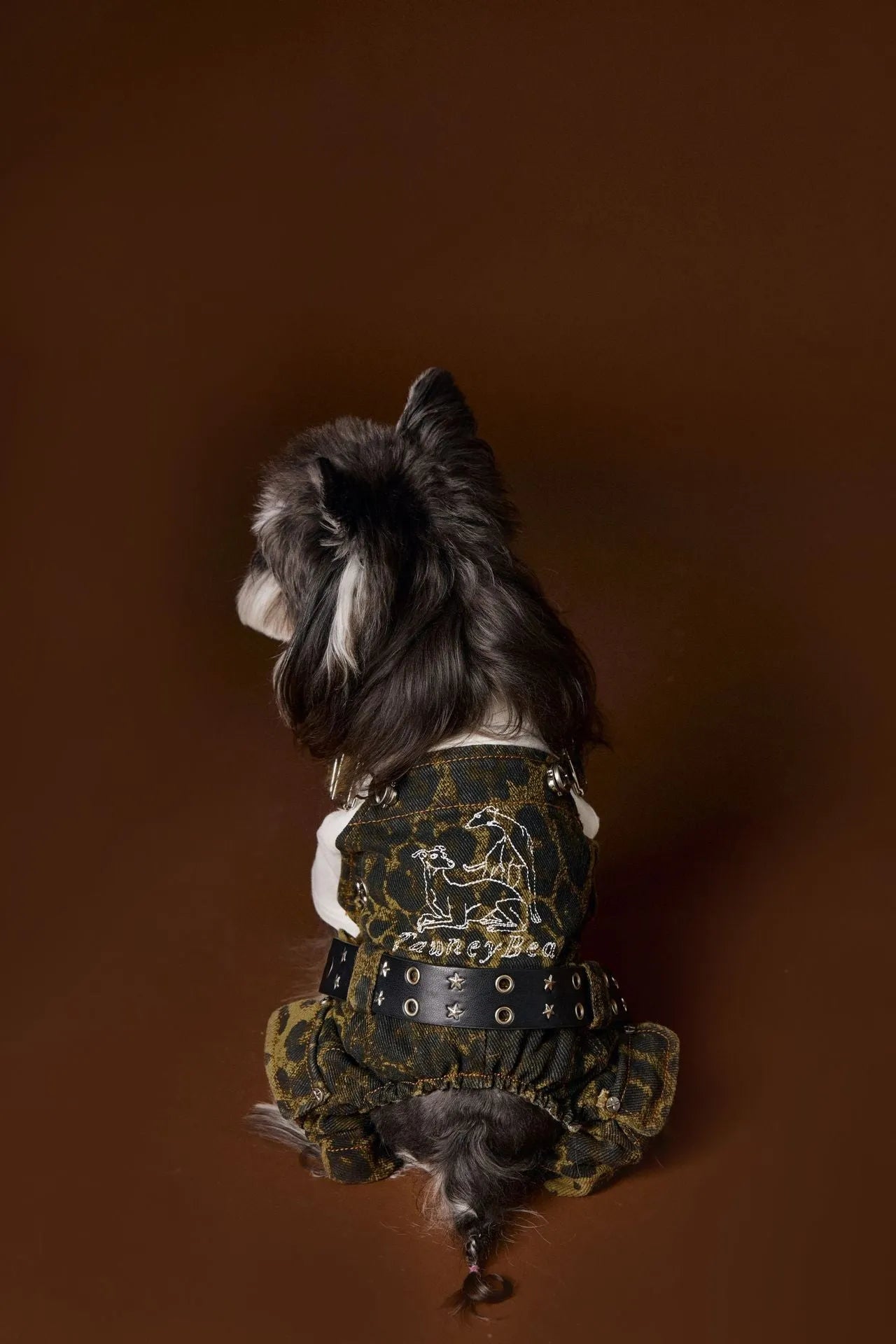 Leopard print cotton dog overalls for autumn in suspender style, sizes XS to XXL
