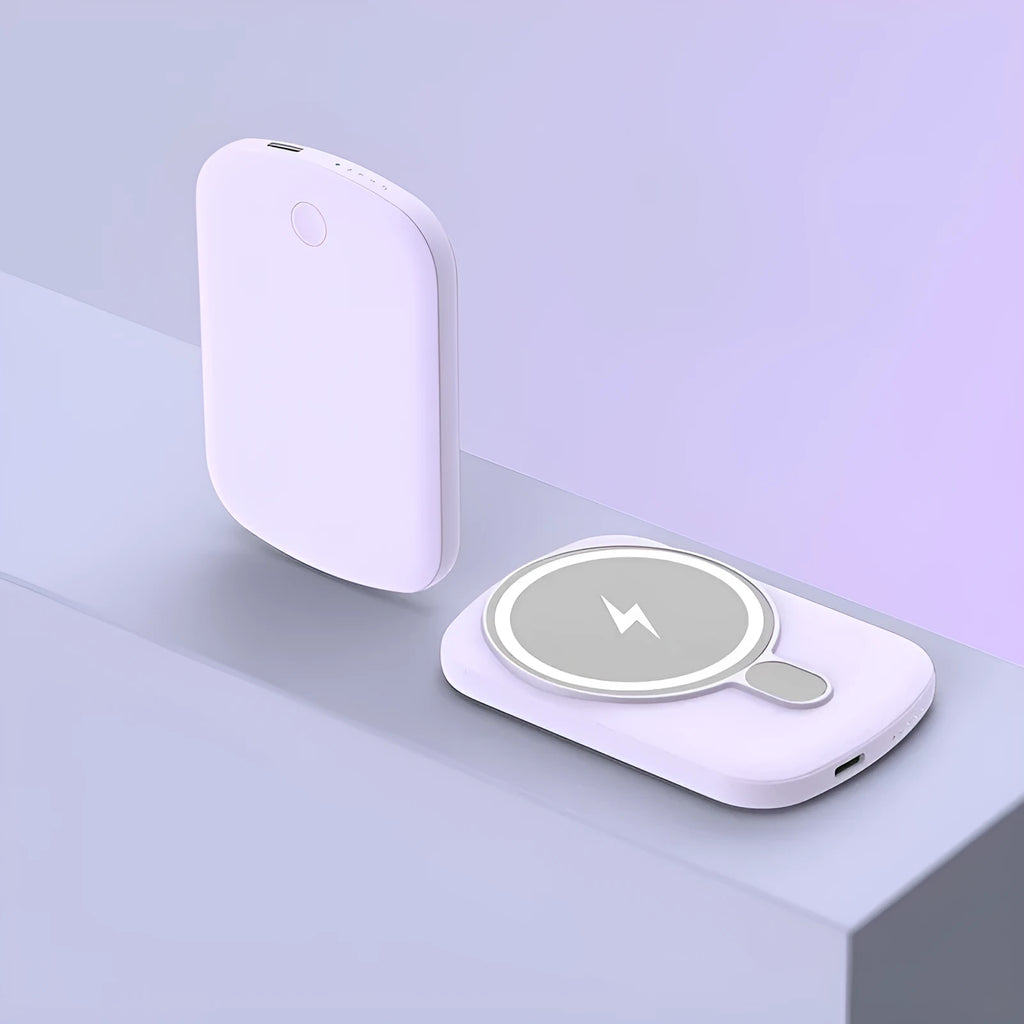 Magsafe magnetic wireless power bank in Barbie Pink, Black, White, or Purple, showing front view with creative design.