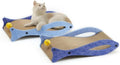 Blue fish-shaped cardboard cat scratcher lounge with bell ball toys for indoor cats.