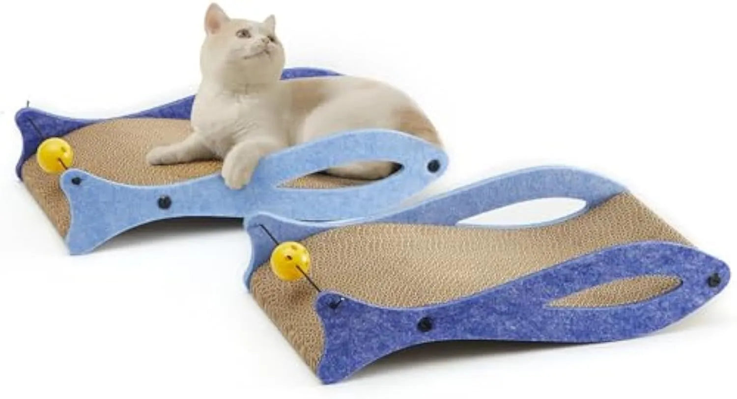 Blue fish-shaped cardboard cat scratcher lounge with bell ball toys for indoor cats.