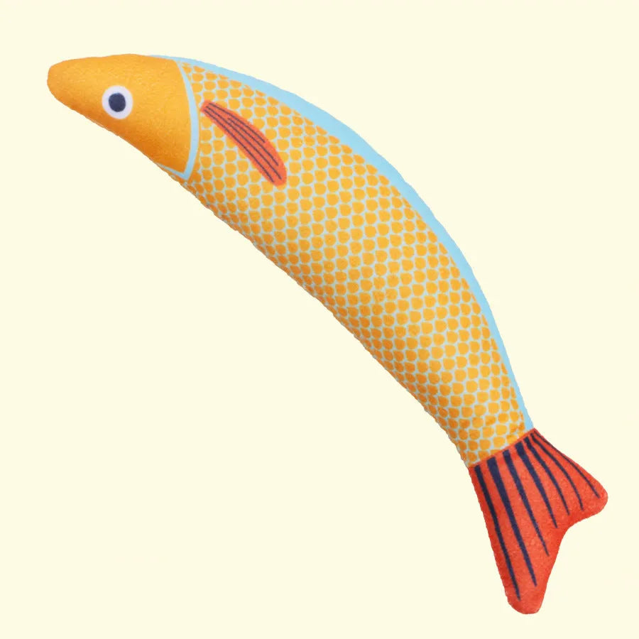 Green, orange and yellow soft plush catnip fish kicker toy measuring 24cm long