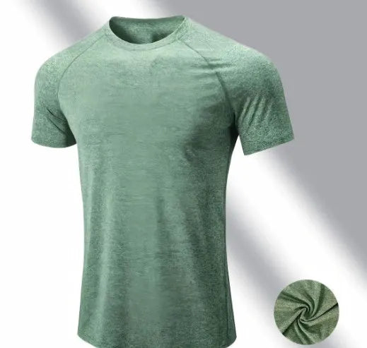 Men's round neck short sleeve t-shirt in black, gray, green, or pink, made from quick-dry stretch fabric.