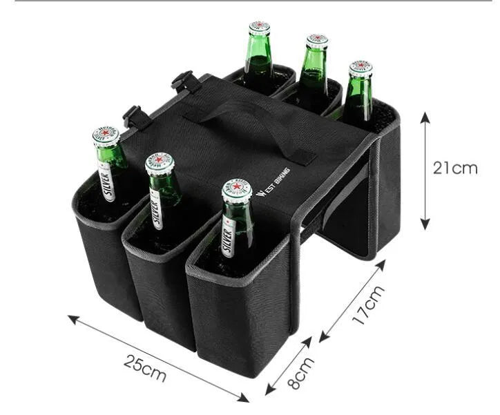 Black and orange double-sided bicycle drink storage bag mounted on a bike frame.