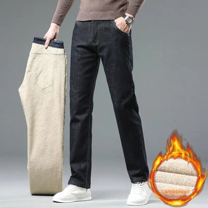 Men's fleece-lined cotton straight-leg jeans in black with velvet lining, mid waist, drawstring closure