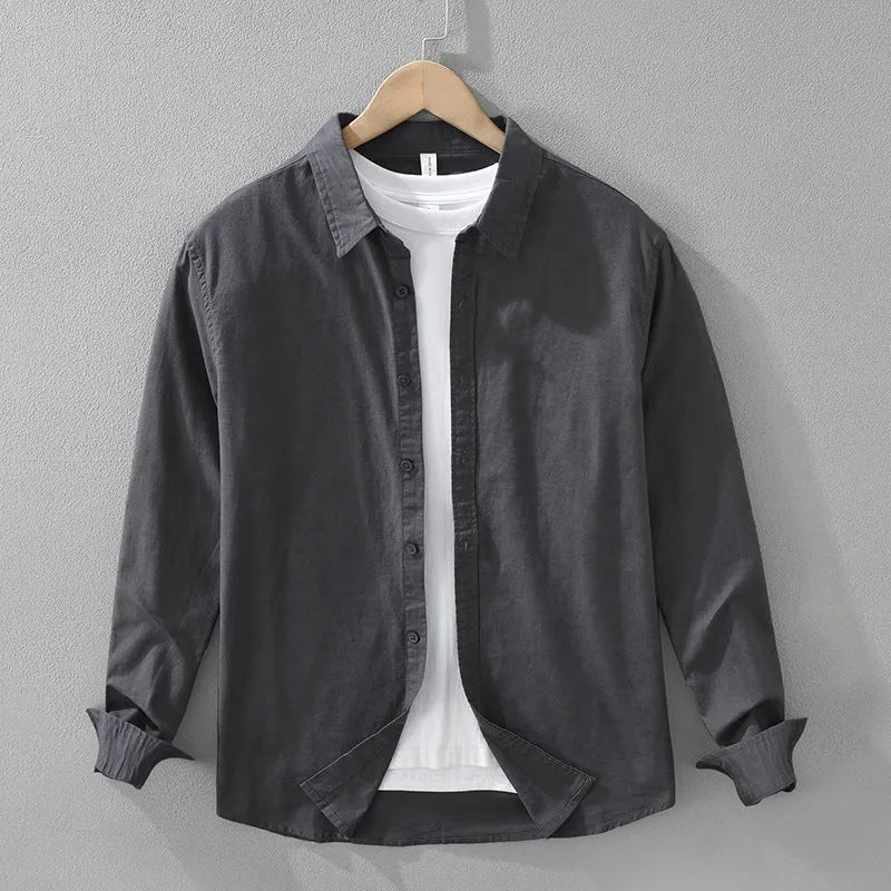 Men's Japanese cotton linen style long sleeve loose cardigan shirt in raw jute colour with button front