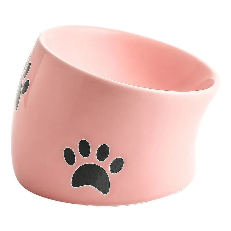 Ceramic high foot cat food bowl with cat paw print decoration in chosen colour