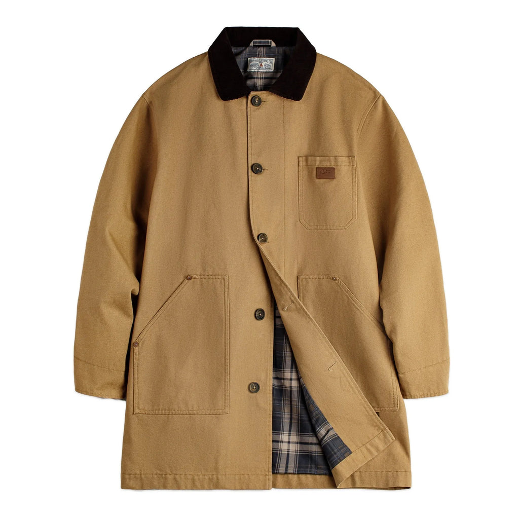 Men's cotton trench coat mid-length in solid khaki colour with loose fit, shown front view