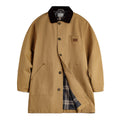 Men's cotton trench coat mid-length in solid khaki colour with loose fit, shown front view