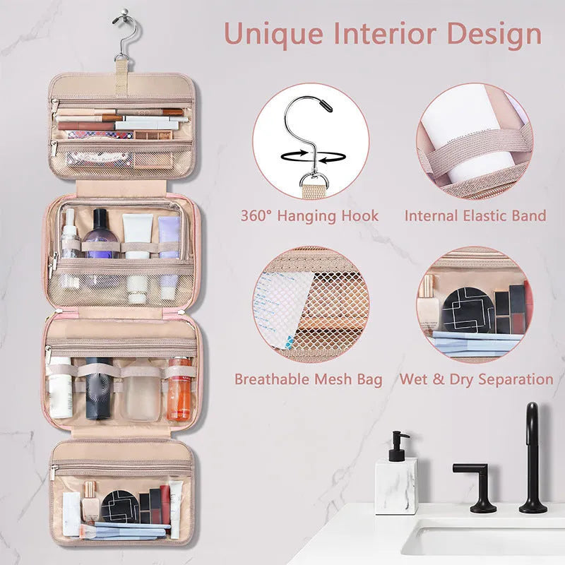 Pink waterproof hanging cosmetic bag with dimensions 30.5 cm wide shown suspended from a hook