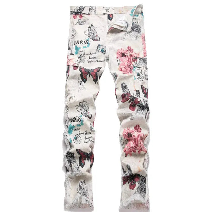 Men's slim fit animal digital print denim trousers in mid-waist casual style with zip fly