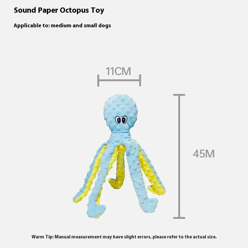 Plush long-legged octopus pet toy with ringing paper and creaking elements in blue or purple crocheted design
