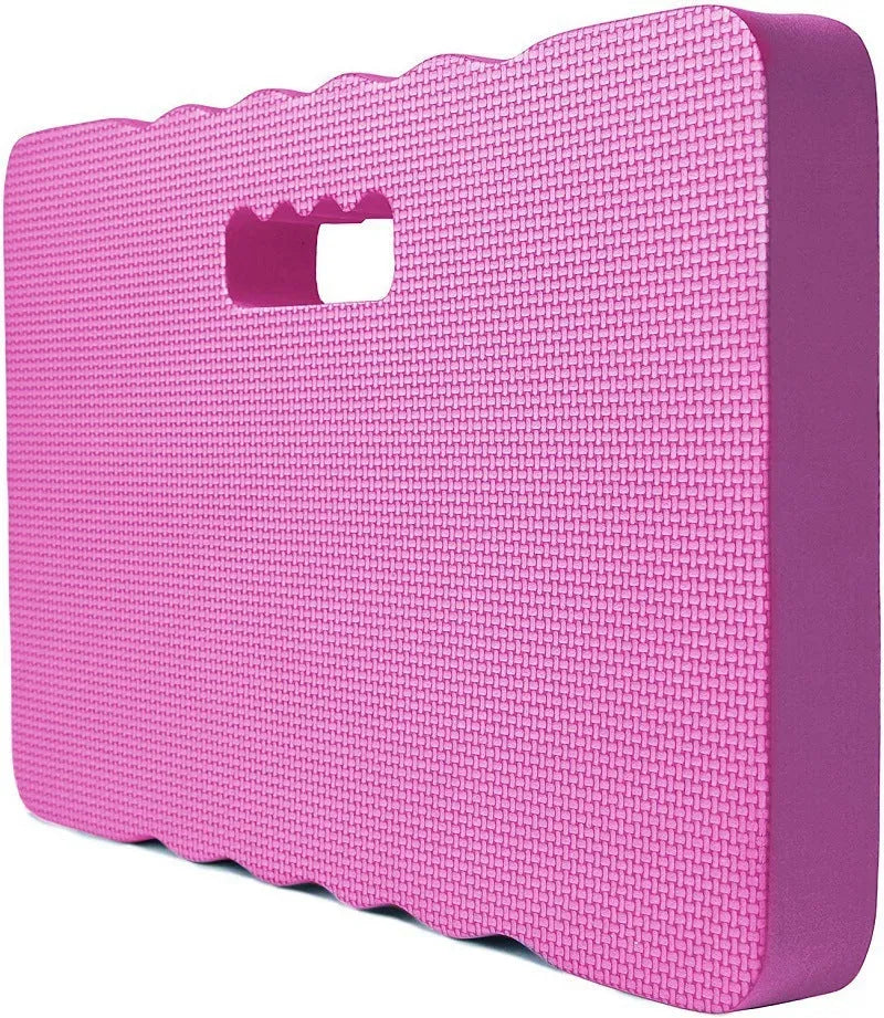 Blue plastic garden kneeler pad on grass, dimensions 45cm by 28cm.