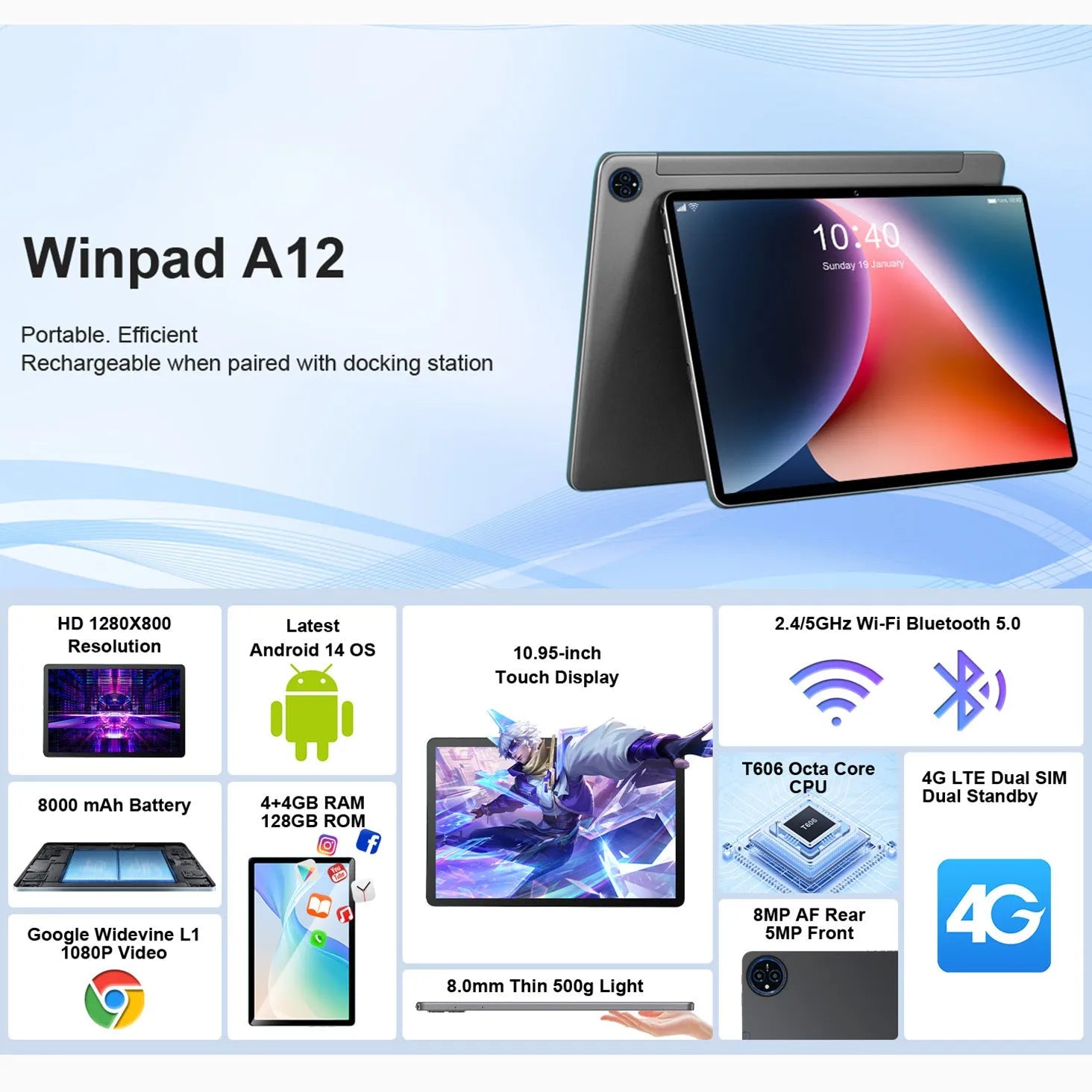 10-inch Android tablet in bare metal blue with screen displaying interface, includes accessories