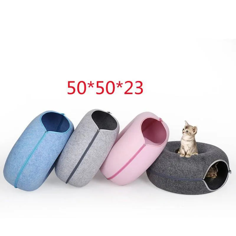 Round felt donut cat tunnel bed in light grey with open entrance, suitable for indoor cats