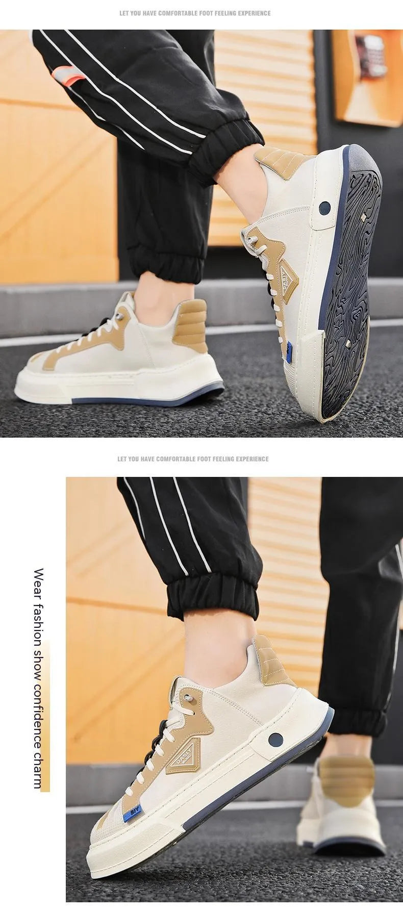 Men's beige low-top slip-on sneakers with elastic band and round toe on a plain background.