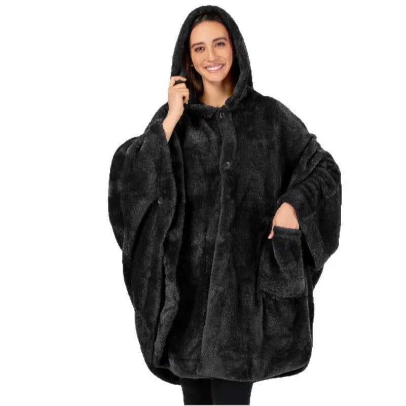 A thick hooded bathrobe in dark grey, shown hanging, with long sleeves and a cardigan front.