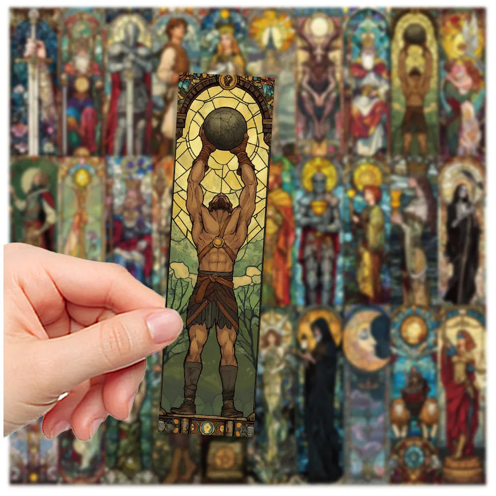 30 paper tarot bookmarks with painted glass designs in homemade style