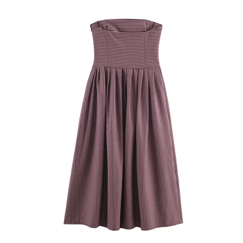 Women's plaid tube top dress with asymmetric pleated skirt, sling style, long sleeves, polyester fabric