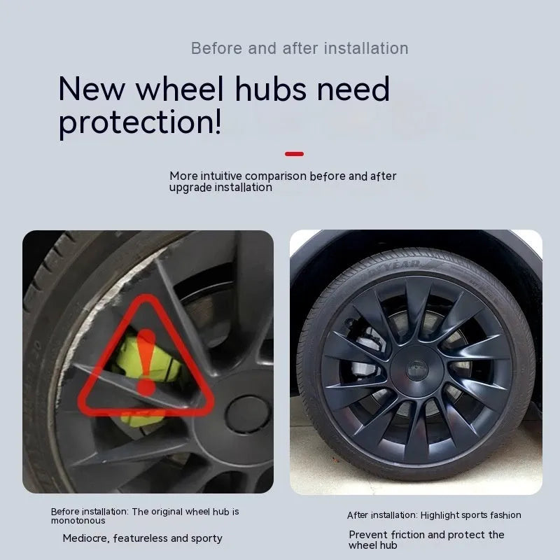 Set of four plastic wheel hub covers for Tesla Model Y in carbon fibre pattern finish.