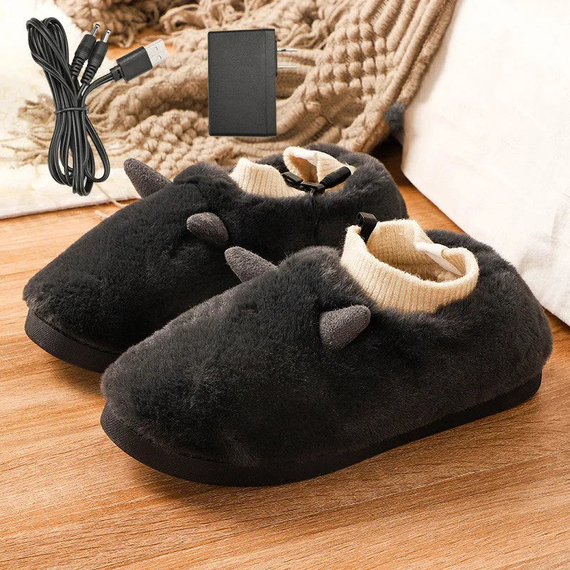 USB electric foot warmer slippers with velvet upper in black, grey, green, or purple.
